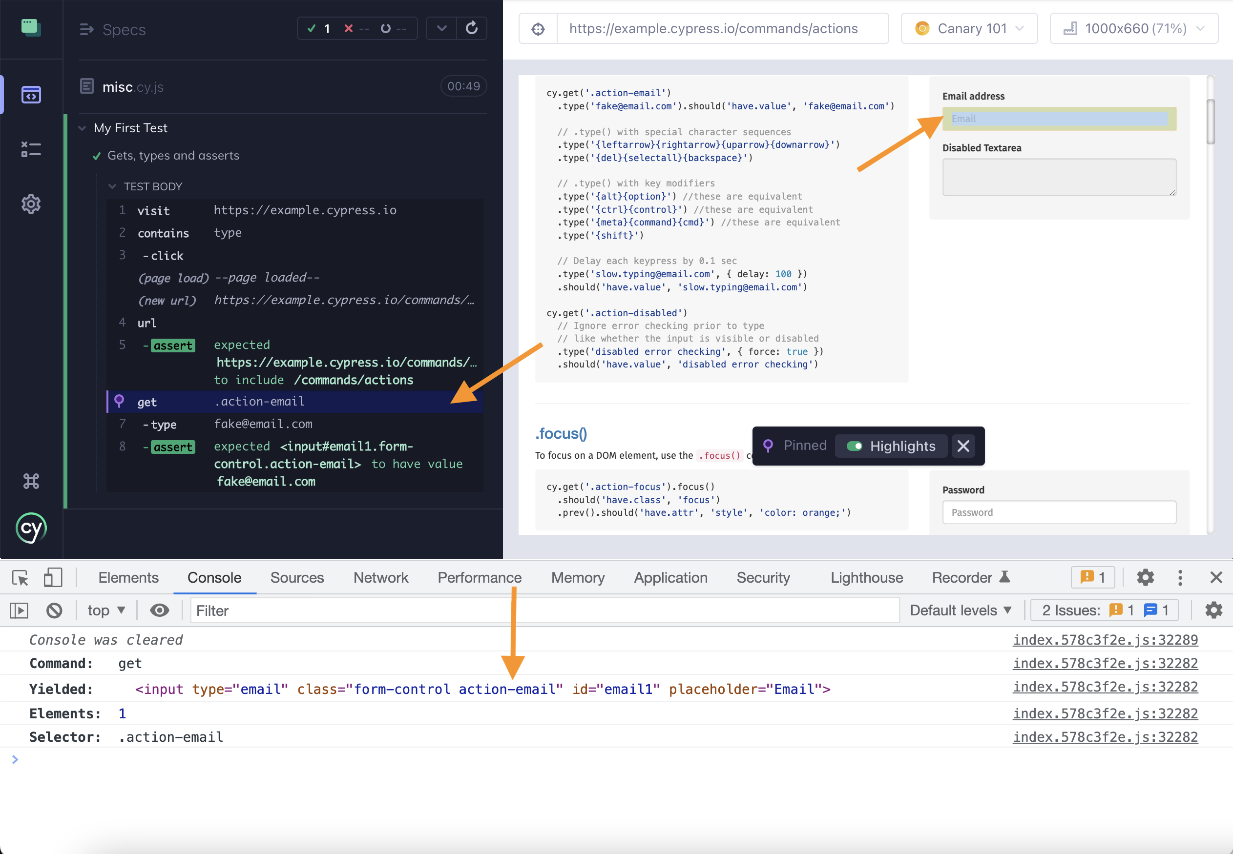 Cypress app with get command pinned and console log open showing the yielded element